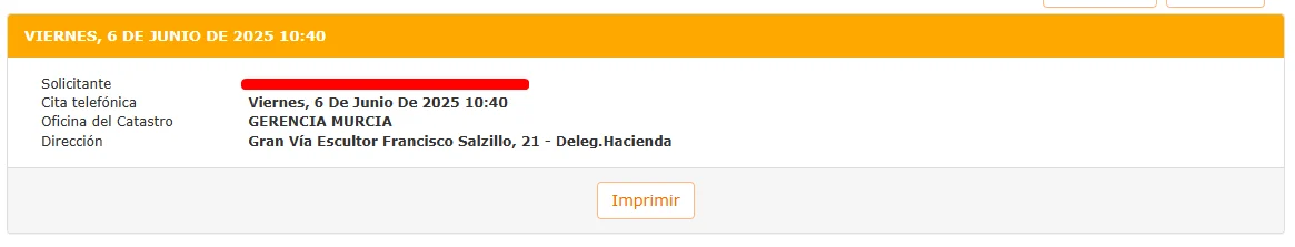 Cita en el catastro reservada correctamente