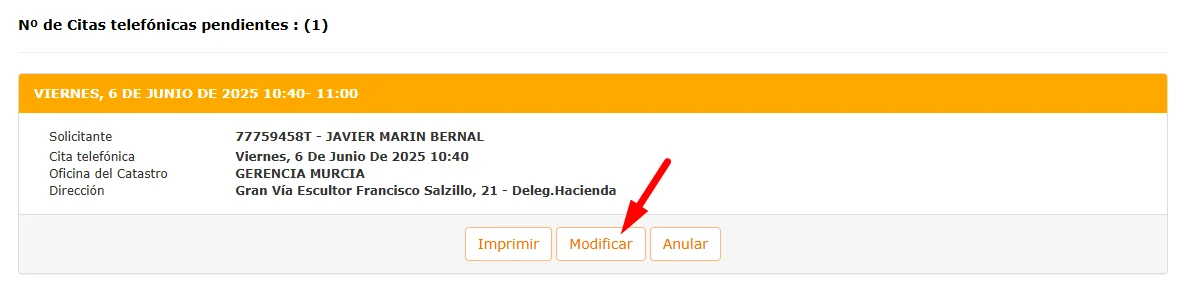 Clic en modificar cita del catastro