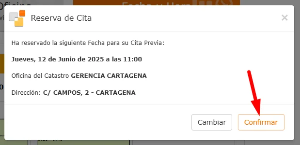 Confirmar modificacion de la cita del catastro