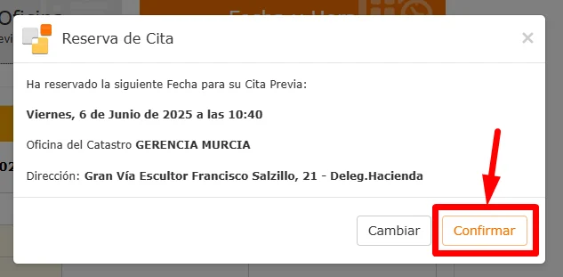 Confirmar reserva de cita en el catastro