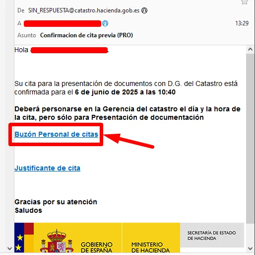 Email de la confirmacion de cita del Catastro