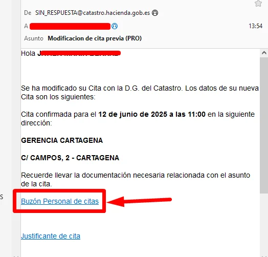 Email para cancelar la cita del Catastro