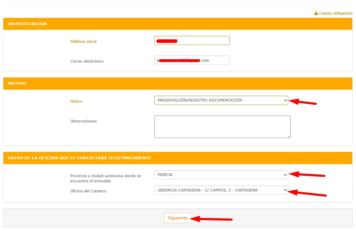 Modifica el motivo o la oficina del catastro