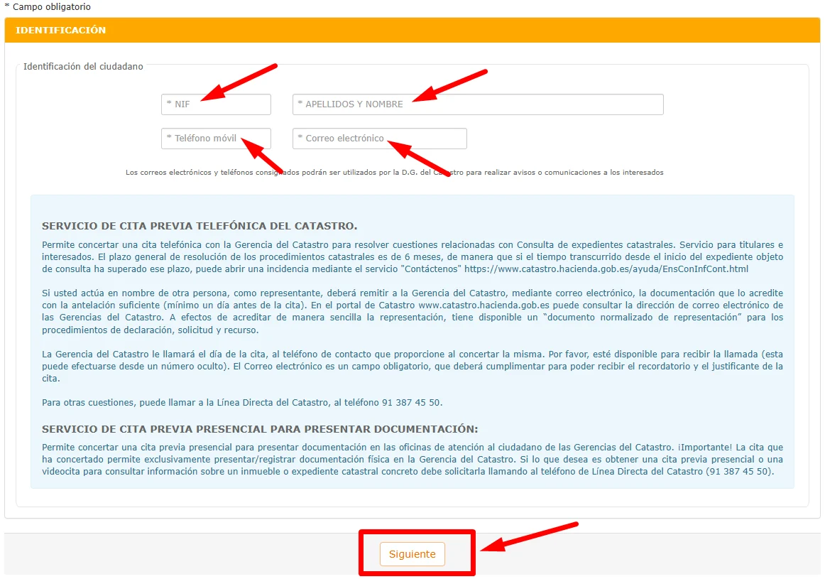 Rellenar datos para cita del catastro